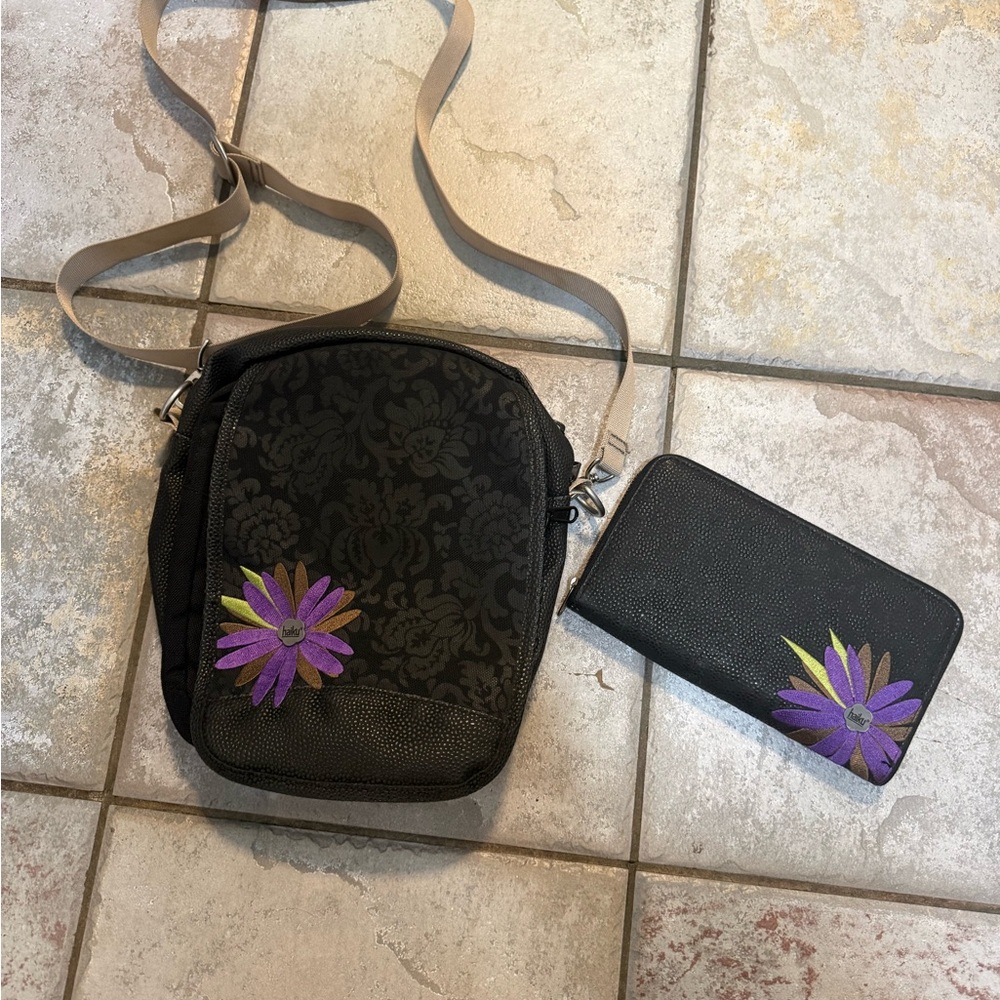 Black floral Haiku multi pocket crossbody and wallet